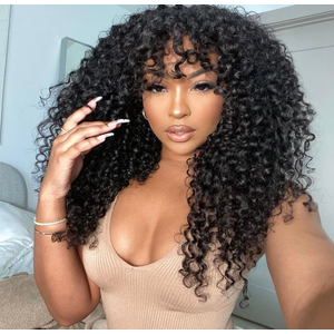 200 Density Curly Wig with Bangs Human Hair Full Machine Made Scalp Top Wig Glueless Virgin Brazilian Long Curly Wig No Lace for Black Women Natural Color 20 inch