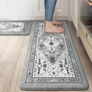 Collive Boho Kitchen Rugs and Mats 2PCS, Cushioned Anti Fatigue Kitchen Mats for Floor Waterproof Non Slip Comfort Foam Standing Mat for Kitchen,Office,Sink,Laundry,17.3''x29''+17.3''x47''