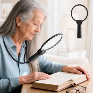 Hands Free Magnifying Glass with Light for Reading, 5.5 Inch Large Lens (3X & 5X), USB Rechargeable Neck-Worn & Handheld Magnifier with 24 LEDs, Ideal Gift for Seniors, Sewing, Jewelry
