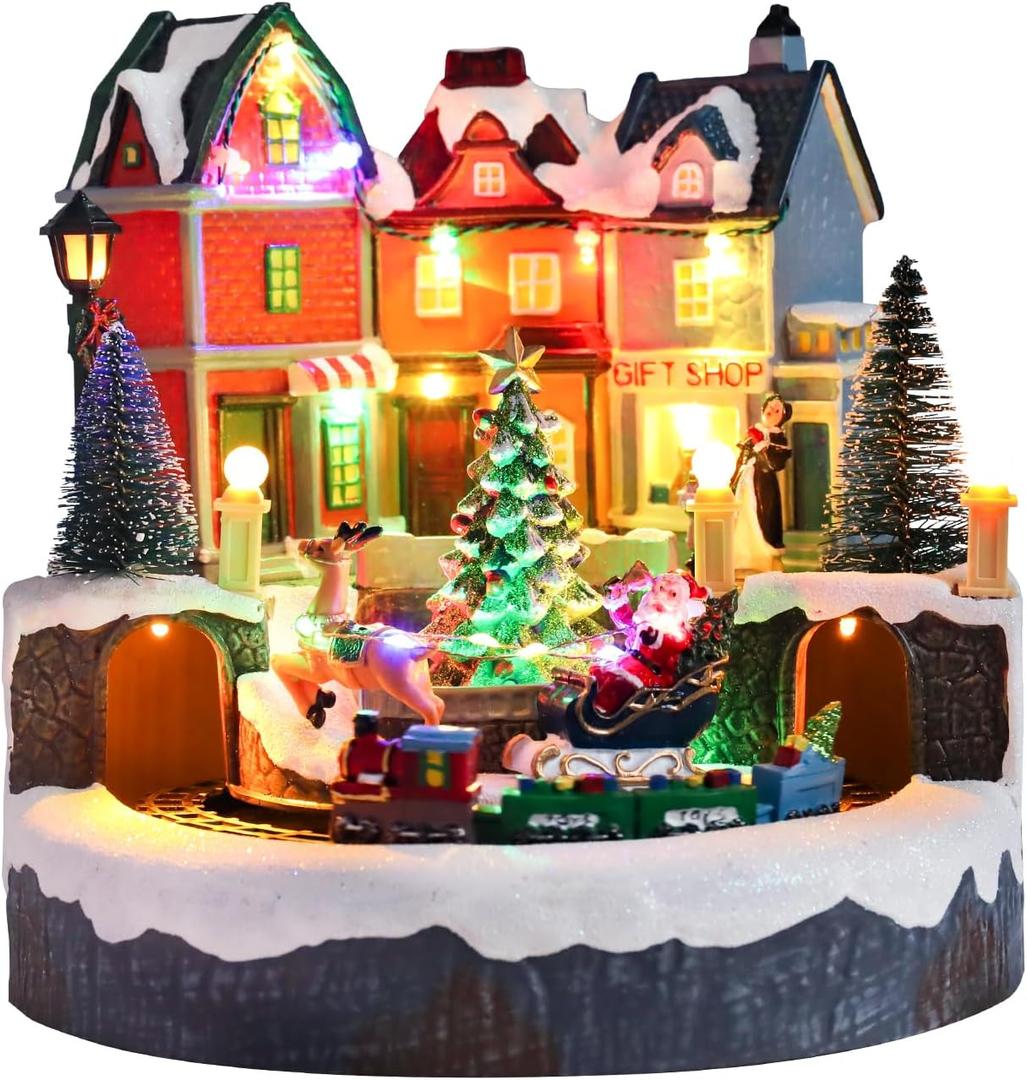 Christmas Village Sets 9 Inch Animated Moving Christmas Tree Train USB/3AA Batteries Music Village House Indoor Decoration Xmas Town Houses for Holiday Decor