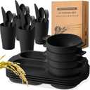 24 Pcs Wheat Straw Dinnerware Cutlery Set for Aldult Including Divided Plates Microwave Dishwasher Safe Bowl Unbreakable Tableware Straw Cutlery Spoon Knife Fork(Black)