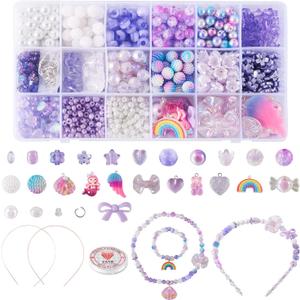 FASHEWELRY 876Pcs Purple Acrylic Pony Beads Cute Gummy Beads Kawaii Clear Beads Assorted Star Heart Bowknot Beads Bulk for Bracelets Necklaces Hair Band Jewelry Making