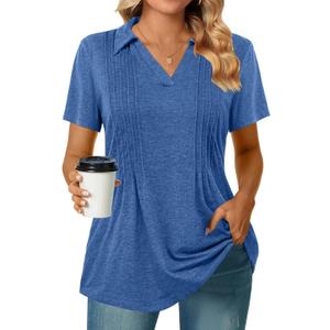 Zeagoo Womens Short Sleeve Polo T Shirts Pleated V Neck Tee Collared Summer Tops Fashion Business Casual Work Blouse (Small, Blue)