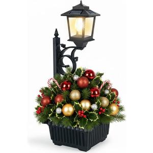 PASAMIC 2 in 1 Outdoor Flower Pots for Real or Fake Flowers, Solar Lamp Post Lights - Wall Mount or Freestanding, Waterproof Decorative Lamp for Lawn, Patio, Front/Back Door (Black)