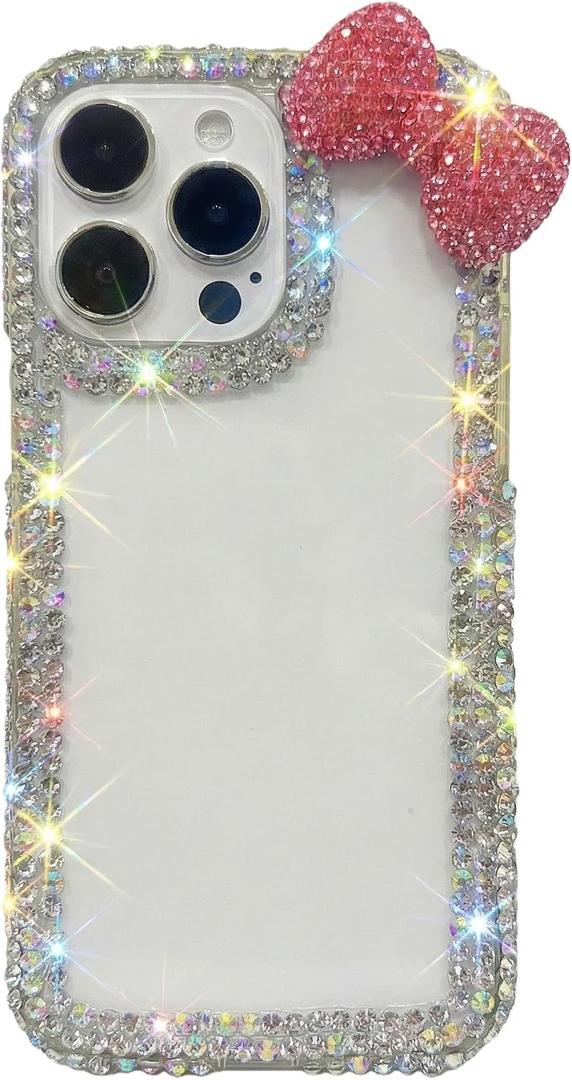 for iPhone 13/14 Cute Bow Pink Case Bling Glitter Diamond Bumper Cover 3D Sparkle Gemstone Luxury Crystal Rhinestone Clear Protective Phone Case for Women Girls Kids Teens