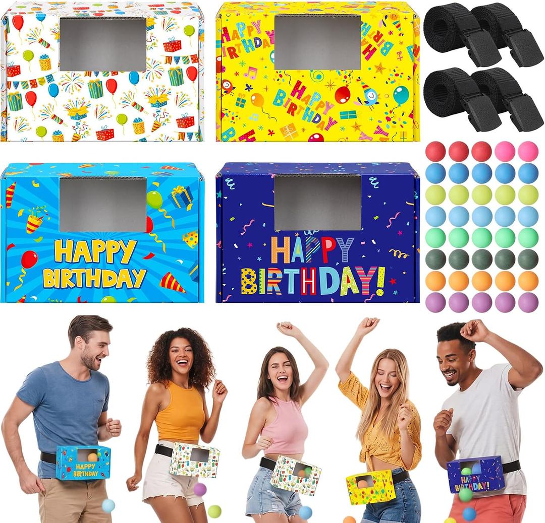 Capoda 4 Sets Birthday Swing Shaking Balls Game Set Twerk Balls Game Set for Birthday Party with Cardboard Boxes Belt 40 Ball Novelty Shake Box Activity for Adults Large Group Indoor Outdoor