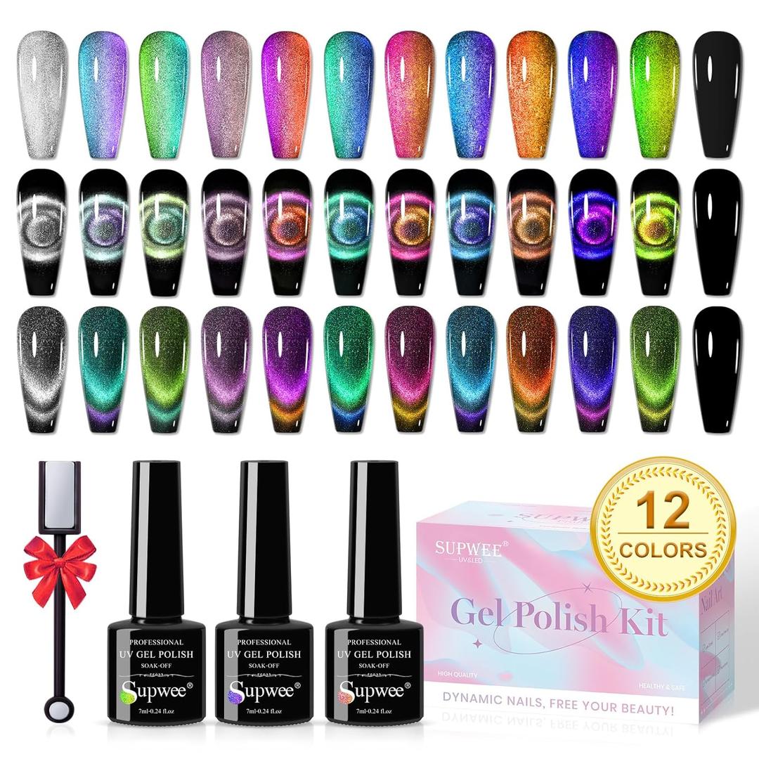 Cat Eye Gel Nail Polish Set - 12 Colors 9D Magnetic Nail Polish Gel Galaxy Cateye Nail Gels Polishes with 1 Black Gels and Magnetic Lamp Cure Required Home Manicure DIY Nail Art
