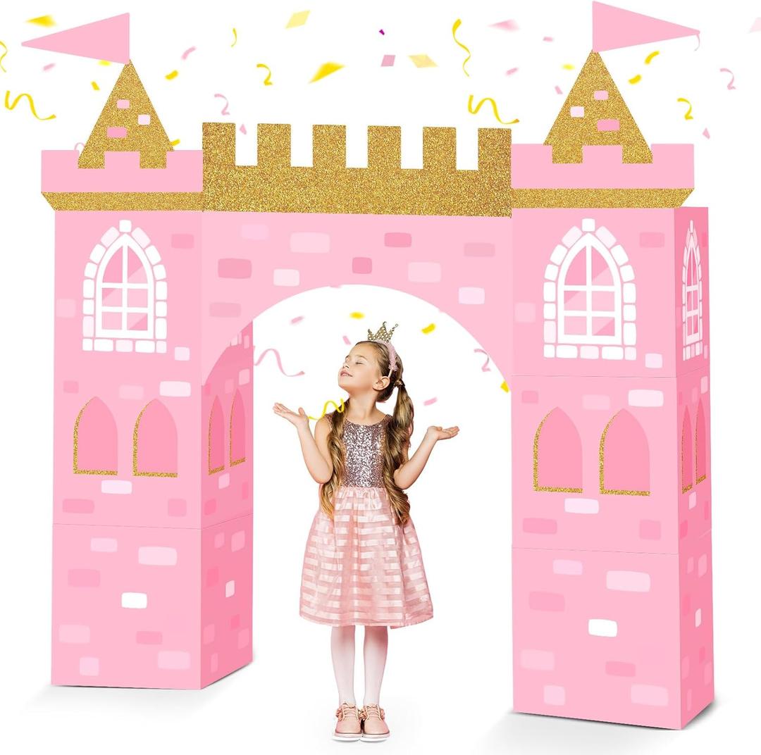 Bucherry 13 Pcs Princess Party Decorations Pink Princess Cardboard Castle Playhouse Large Royal Castle Girl Birthday Party Decoration 43 x 51 Cardboard Fort for Pink Baby Shower Decorations Kit