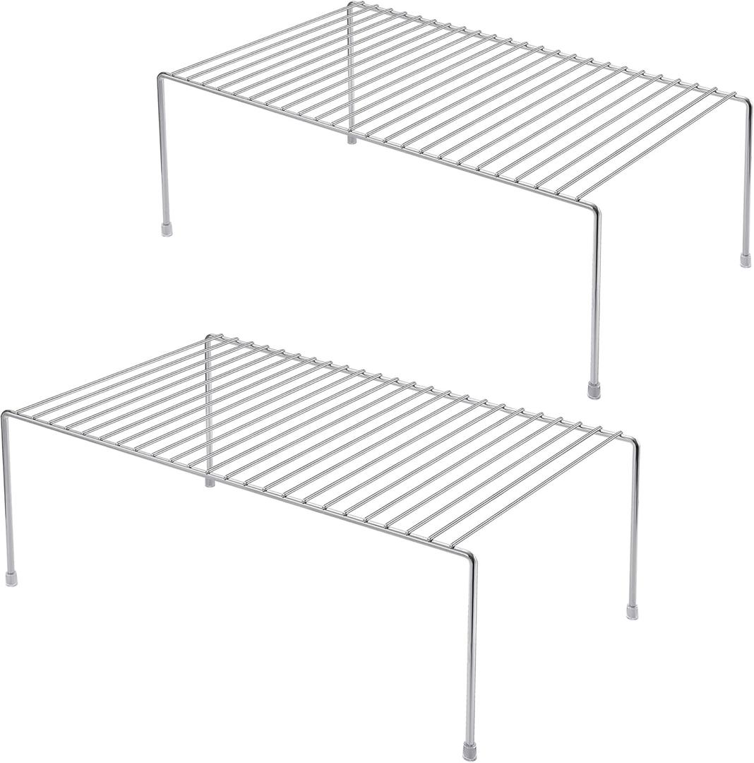 iPEGTOP Set of 2 Kitchen Cabinet Shelf Organizer, Medium (13 x 9.4 Inch) Bathroom Cabinet Organization Wire Shelf Rack, Rustproof Storage Space Saver Shelves for Countertops Pantries Utensils (Chrome)