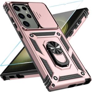 SunStory Phone Case for Samsung Galaxy S23 Ultra Case with HD Screen Protector & Slide Camera Cover & Rotated Ring Kickstand, [Military-Grade] [2 in 1] Phone Case for Galaxy S23 Ultra 6.8",Rosegold