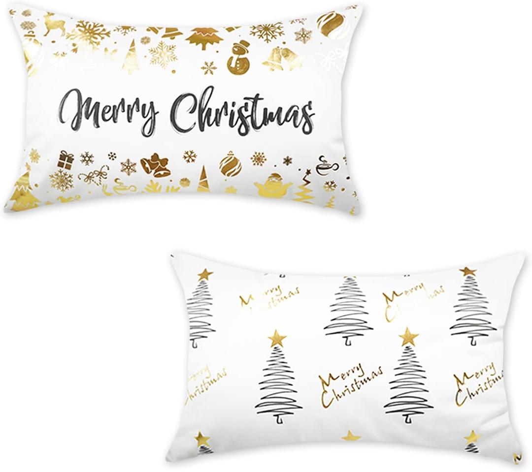 Christmas Decor Pillow Covers 12x20 Set of 2 Merry Christmas White Gold Winter Decorations Christmas Trees Ornaments Snowflakes Throw Cushion Cases for Couch Sofa Home