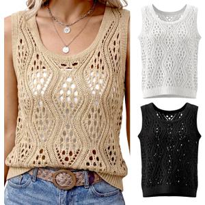 2 x Patelai 3 Pcs Women Crochet Vest Tank Top Beige White Black Hollow Summer Sleeveless Sweater Knit Boho Trendy Resort Beach (M)