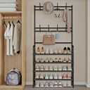 Coat Rack Shoe Rack With Storage Shelf Freestanding with 8 Hooks for Entryway Bedroom Closet 4 Tier, Black