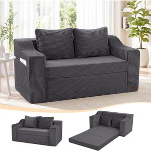 MeMoreCool Small Loveseat Sofa Bed - 58" Striped Corduroy Boneless Couch, 2-Seater Convertible Pull Out Futon with Memory Foam, Removable Washable Cover for Living Room Apartment Small Space