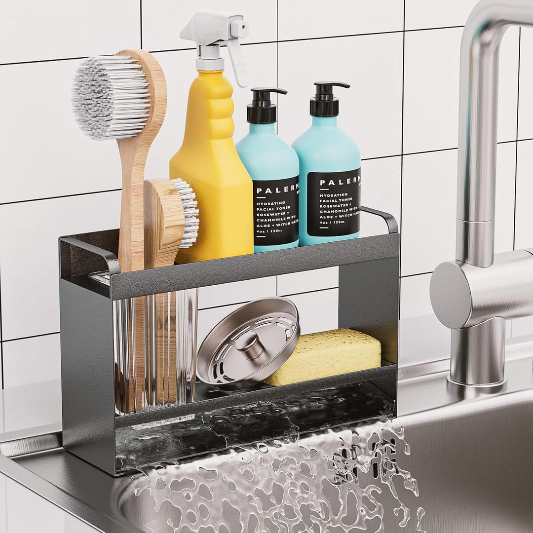 Sponge Holder for Kitchen Sink, 2 Tier Organizer with Detachable Brush Holder, Rustproof & Auto Draining Sink Caddy for Dish Soap Brush Scrubber Kitchen Accessories Storage, Black