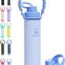 24 oz Insulated Water Bottle with 2 Lids (2-in-1 Straw & Spout Lid, Magnetic Lid), Slim Water Bottle with Strap, Stainless Steel Water Bottle for Hiking, Gym, Travel, BPA-Free, Light Blue