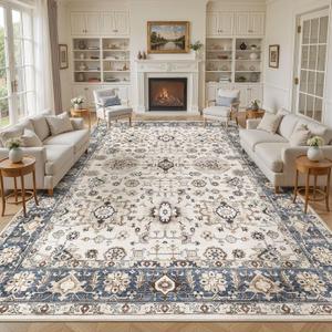 Area Rugs for Living Room: 12x15 Washable Rug Vintage Pattern Large Non-Slip Stain Resistant Soft Durable Floor Carpet for Bedroom, Dining Room, Home Office - Blue