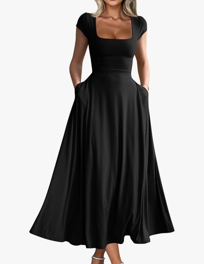 YMDUCH Women's Casual Short Sleeve Square Neck Solid Slim Flowy Maxi Dress with Pockets, M