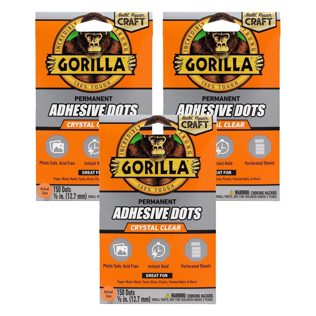 Gorilla Permanent Adhesive Dots, Double-Sided, Clear, 0.5" Diameter, 150 Pieces (Pack of 3) - No Mess, Photo Safe