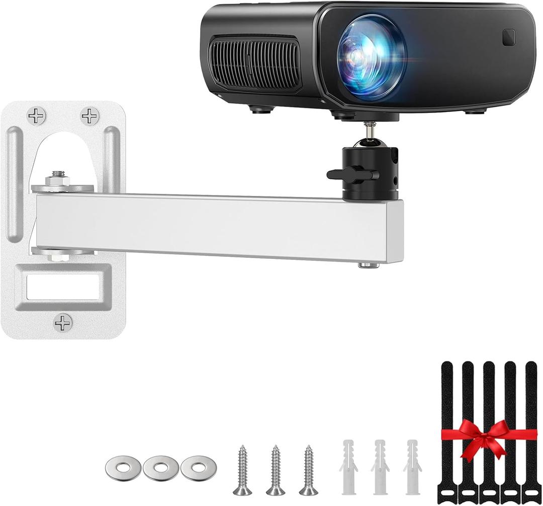 Mini Projector Wall Mount- Adjustable Tilt&Swivel Hanging Projector Holder Wall Mount Hanger Rack Stand with 1/4" Screw for Mini Projector with Cable Ties (White)