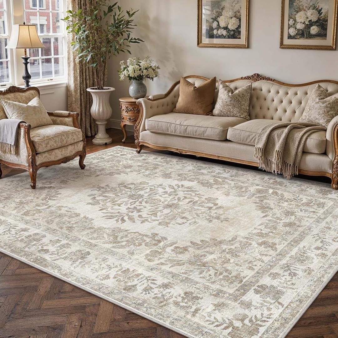 PureCozy 5x8 Area Rug Beige Washable Vintage Distressed Living Room Carpet Large Bedroom Indoor Neutral Medallion Floral Non Slip Retro Throw Floor Mat for Office Dining Room Kitchen Bathroom