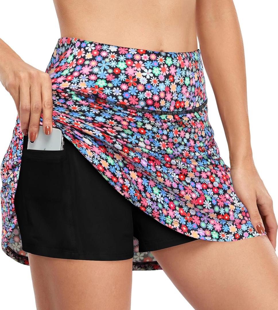 Fulbelle Tennis Skirts for Women with Pockets High Waisted Athletic Golf Skorts Skirts (Small, 2 Colorful Flower)