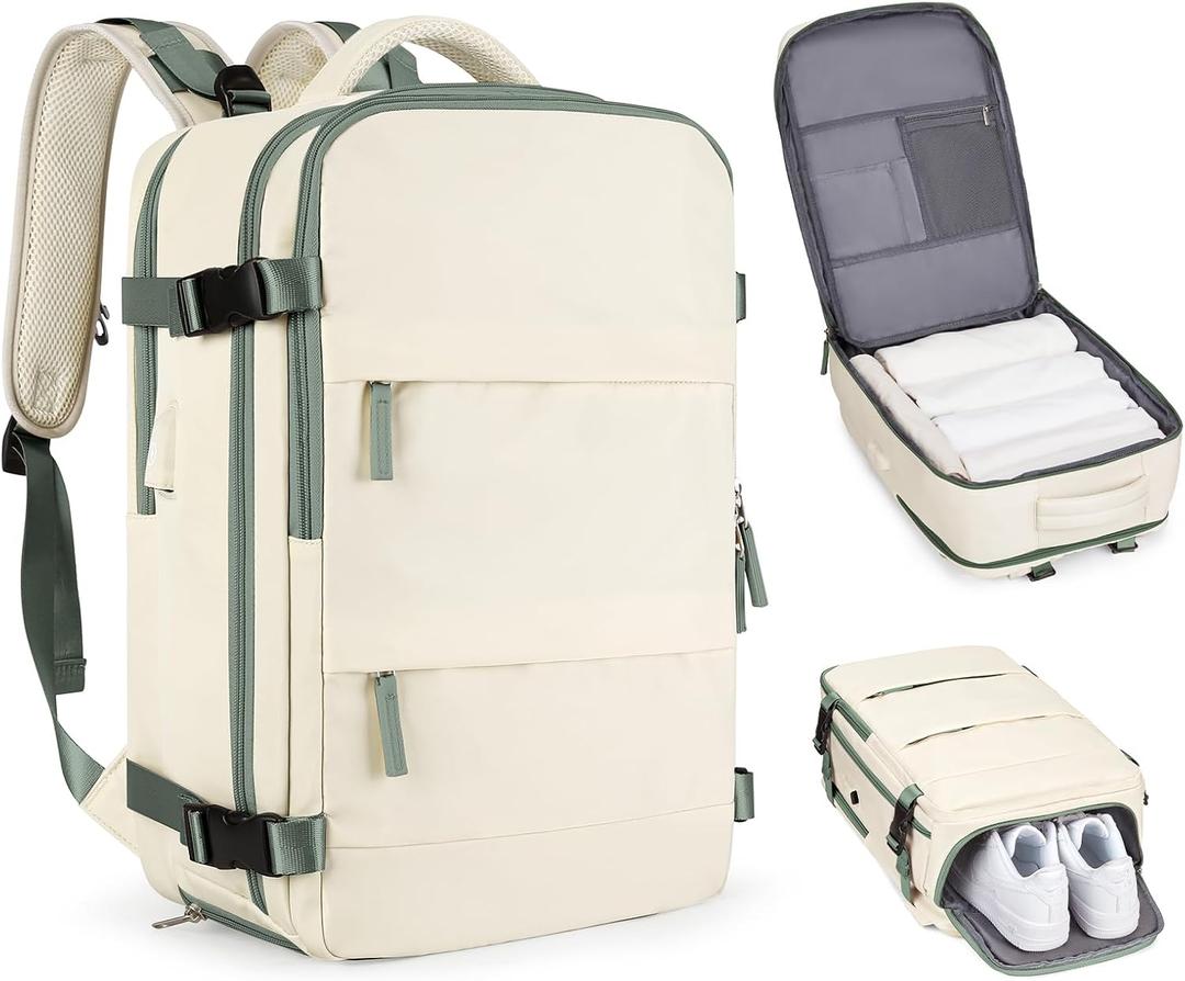 Casual Backpack Traveling Backpack, A-beige With Green, Expandable, Travel Backpacks