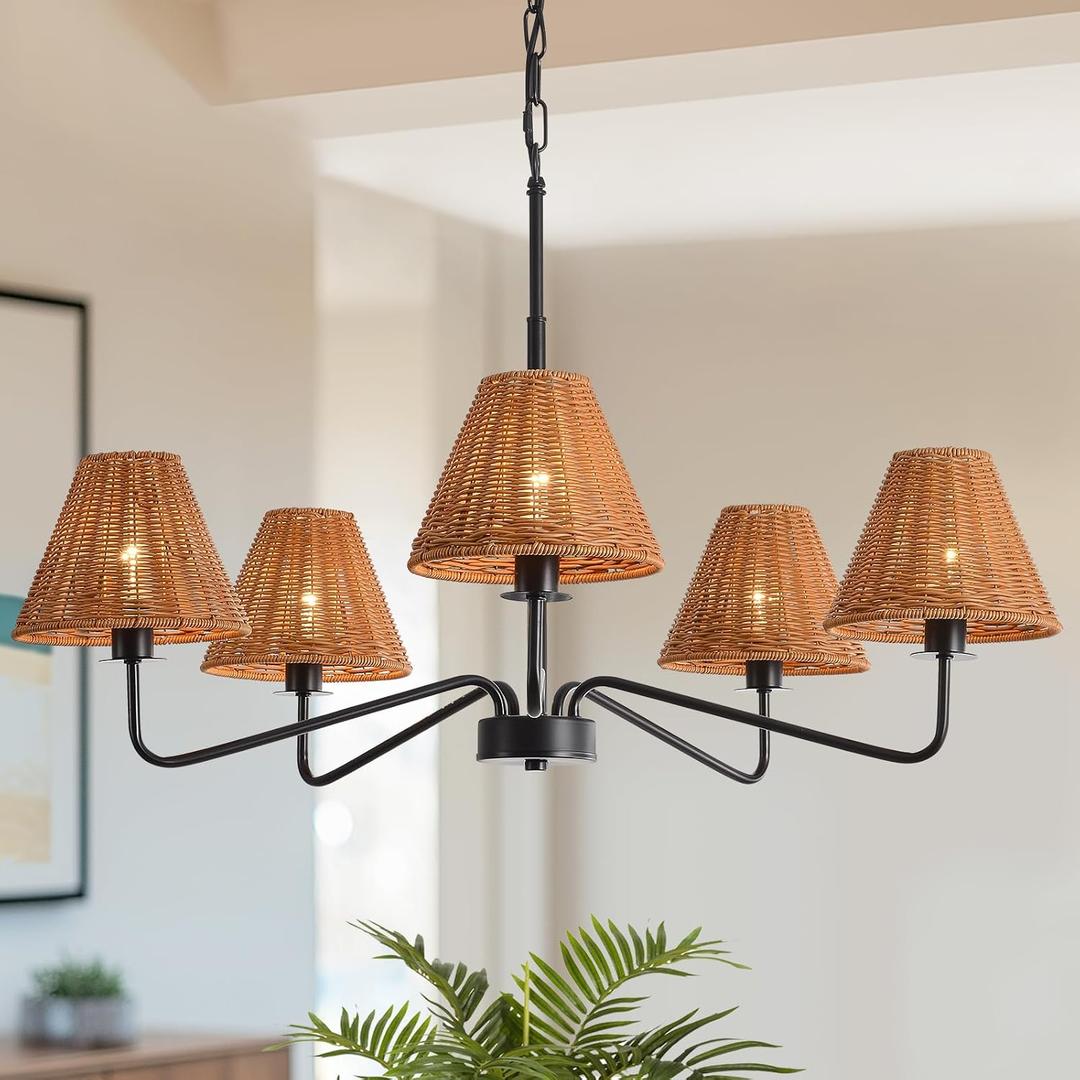 5-Light Rattan Chandelier 29" Modern Farmhouse Chandelier for Dining Room, Rustic Chandelier with Hand-Woven Wicker Fabric Shades, Boho Pendant Lighting for Living Room, BedroomHallway