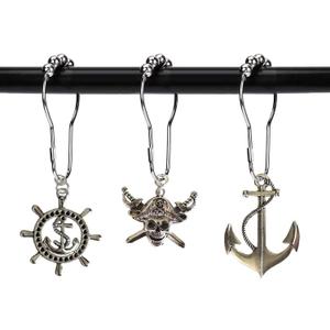 Nautical Shower Curtain Hooks Rings - Pirate Skull Anchor Rudder Decorative Bathroom Accessories Set, Silver Metal Shower Hooks for Shower Curtain, Tropical Ocean Beach Sea Theme Bathroom Decor