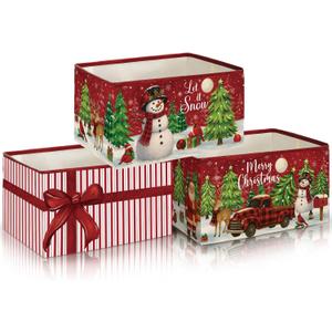 Threehoney 3Pcs Large Merry Christmas Tree Gift Storage Baskets Xmas Ball Collapsible Storage Bin Empty Candy Decor Canvas Laundry Basket Foldable Box with Handle for Home Office (Red,Cute Style)