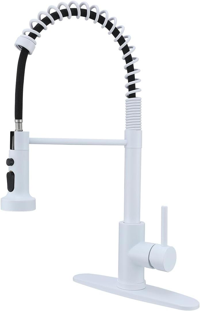 White Kitchen Faucet, with Pull Out Sprayer and Deck Plate, Pre-Rinse Commerical Kitchen Faucet, 360 Swivel High Arc Spring
