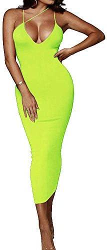 PRIMODA Women's Sexy Neon Asymmetrical Spaghetti Strap Dress Deep V-Neck Sleeveless Bodycon Midi Club Dress S