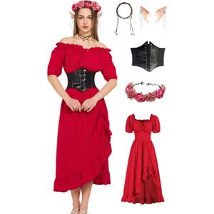 Renaissance Costume Women Ren Faire Outfit Cottage Core Medieval Corset Green Red Dress With Accessories 5PCS (Size Small)