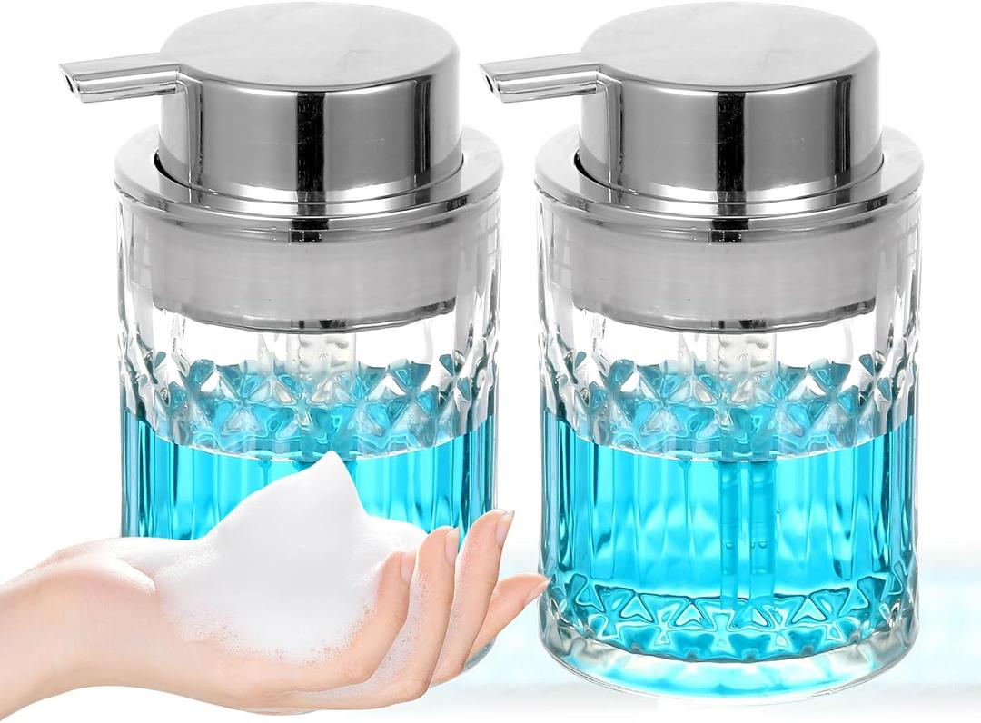 Foaming Soap Dispenser,2 Pack Clear Glass Foam Hand Soap Dispenser for Bathroom, Refillable 8 Fl Oz Foamy Pump Bottle with Large Sliver Pump,Vintage Dish Soap Foam Dispenser