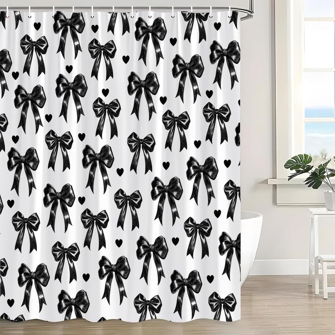 Black and White Bow Shower Curtain Cute Bows Heart Modern Aesthetic Minimalist Bath Curtain with Hooks (70"W x 70"L (Pack of 1))