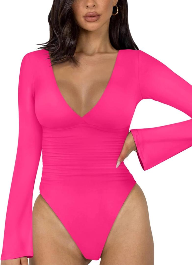 REORIA Women's V Neck Bell Long Sleeve Bodysuits Comfy Double Lined Trendy Body Suits S