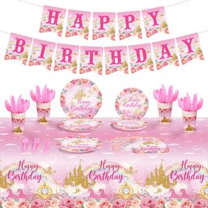 172 Pcs Princess Birthday Party Supplies Serves 24 Include Castle Tablecloth Pink Princess Birthday Banner Party Plates and Napkins Tableware Set for Girls Theme Decorations