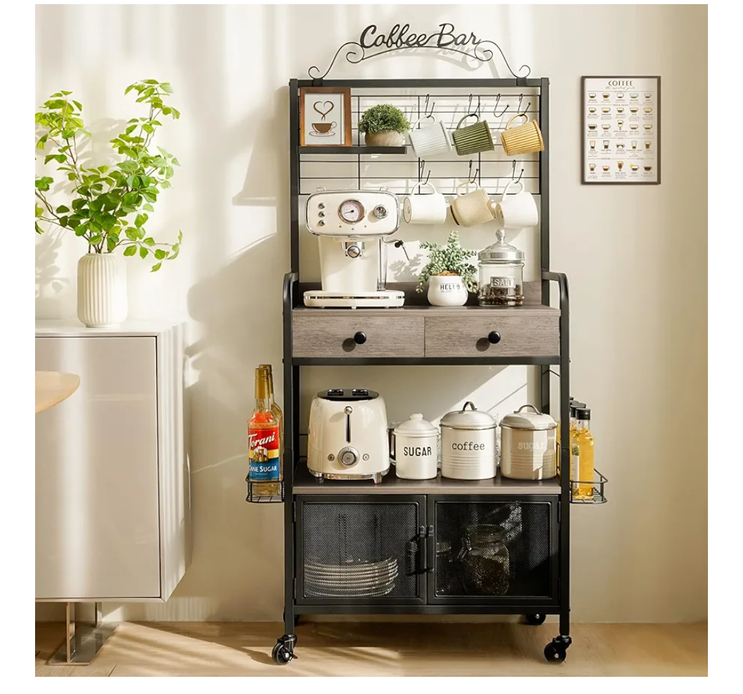 Coffee Bar Cabinet with Storage, Coffee Cart with Wheels, Coffee Station with Coffee Bar Sign and Mug Hook, Corner Coffee Bar Table with Drawer, Bakers Rack for Kitchen Dining Room Living Room Nook