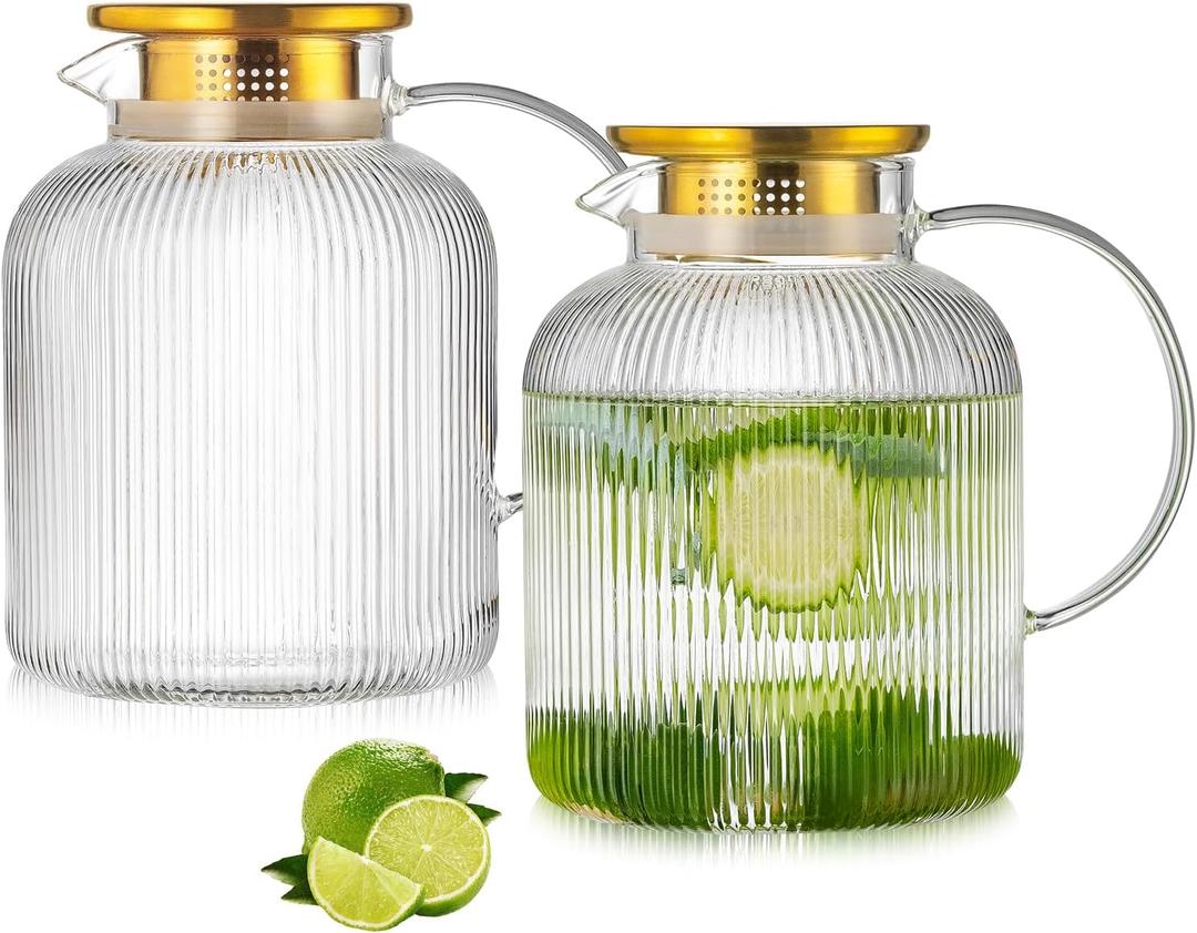 2 Liter 68 Ounces Glass Pitcher with Lid and Spout, Large Vertical Stripes Water Pitcher ribbed Borosilicate Glass Fridge Water Carafe for Cold Brew, Coffee, Lemonade, Sun Tea,Heat Resistant (Clear)