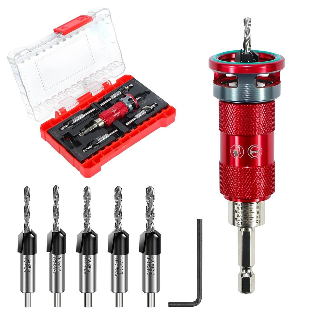 Quick-Adjust Countersink Drill Bit Set with Aluminum Stop Collar, 5 Replaceable HSS M2 Bits and a Wrench, 1/4" Hex Shank Counter Sink Drill Bit for Wood