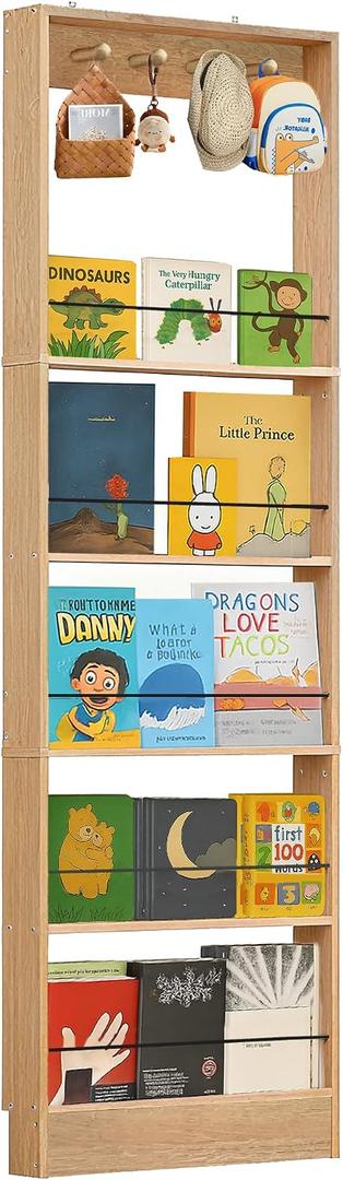 Behind The Door Bookshelf Kids Wooden Behind Door Bookcase 5-Tier Oak, 23.6''Lx3.94''Dx72.85''H