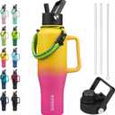 BJPKPK Insulated Water Bottles with Straw Lid, 40oz Metal Water Bottle with 2 lids & Paracord Strap, Double Wall Stainless Steel Tumbler with Handle, Reusable Cups, Mugs, Thermo, Pink & Yellow Rose
