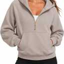 SUUKSESS Women Gold Half Zip up Cotton Hoodies Casual Pullover Sweatshirt 100% Cotton, Fleece Lined jackets with pockets, travel airport outfits, long sleeve loungwear, fall winter outfits, Taupe, Large