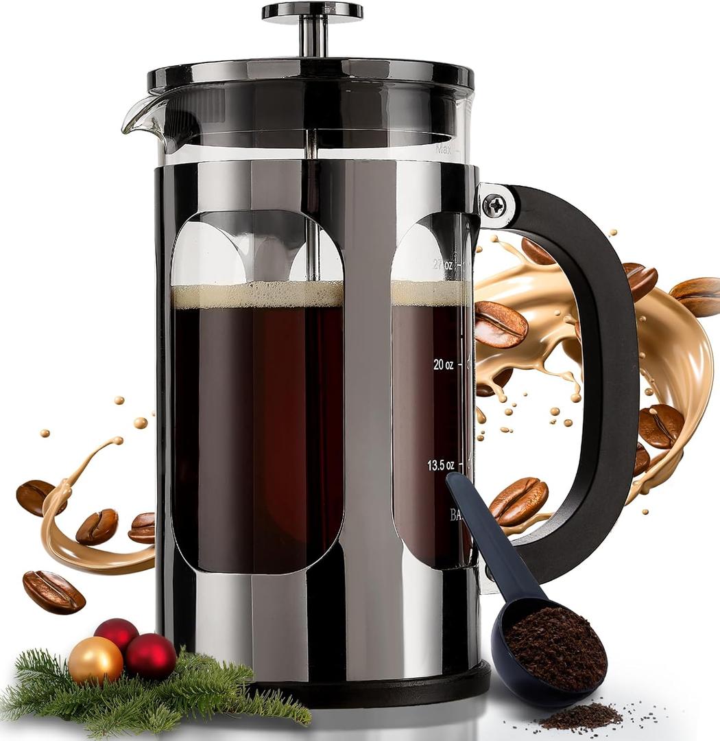 BAYKA French Press Coffee Maker, Easy to use, Large 304 Stainless Steel Coffee Press, Cold Brew Heat Resistant Thickened Borosilicate Coffee Pot for Camping Travel Gifts, 34 Ounce, Dark Pewter
