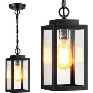 11'' Outdoor Pendant Light, Modern Outside Chandelier Outdoor Hanging Lantern Light, Matte Black with Clear Glass, Exterior Pendant Lighting Fixture for Porch, Yard, Gazebo, 1Pack (11''-No Sensor)