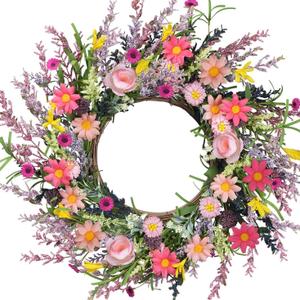 22" Front Door Wreath Floral Wreaths for Front Door Outside All Season Colorful Daisy Mixed Lavender Pink Roses Large for Farmhouse Indoor Outdoor Wall Reef Wedding Fall Summer Party Home Dcor
