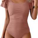 Eomenie Women's Tummy Control One Piece Swimsuit Ruffle Square Neck Bathing Suit Ruched Cutout Back Slimming Swimwear (X-Large, Bean Pink)
