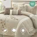 Beige California King Comforter Set, 7 Pieces Bed in a Bag, Elegant Floral Leaves Embroidery, Soft and Lightweight All Seasons Bedding Set, Bedskirt, Pillow Shams, Decor Pillows