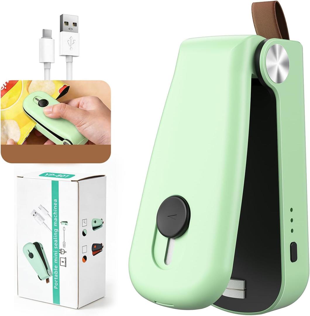 NEATEST Mini Bag Sealer, 2026 Upgraded USB Rechargeable 3 Heat Levels Chip Bag Sealer with Cutter Magnet, 2 in 1 Portable Heat Seal Resealer for Plastic Bags, Snacks & Food Storage (Green)