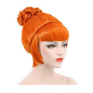 karlery Short Bud Ball Braid Orange Wig Flat Bangs Updo Chignon Cosplay Halloween Costume Party Wig